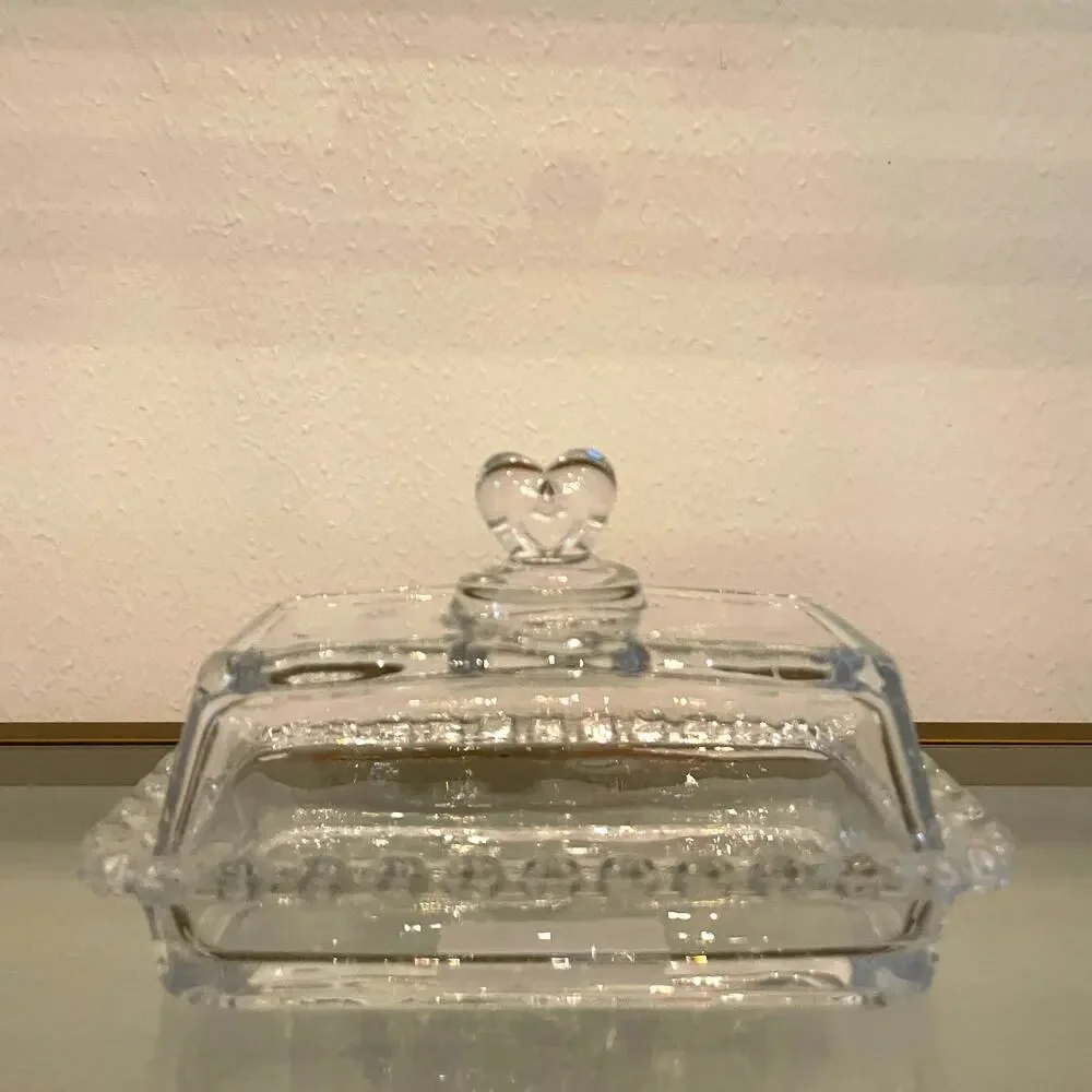 NEW Valentine Clear Glass Covered Butter Dish with Heart Handle